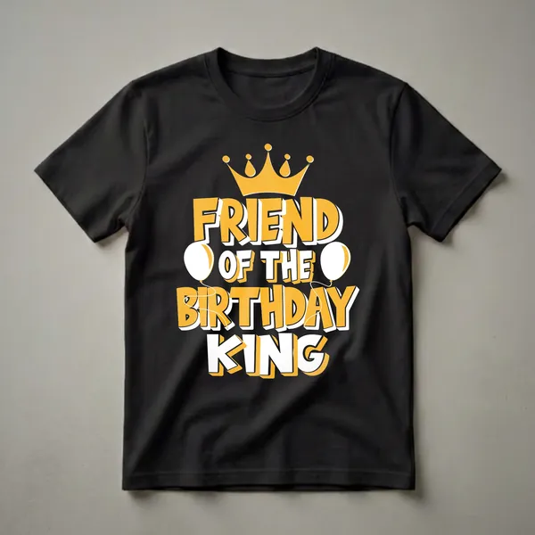 Black t-shirt with yellow, white, and black graphic text that reads 'FRIEND OF THE BIRTHDAY KING' with a crown and balloons.
