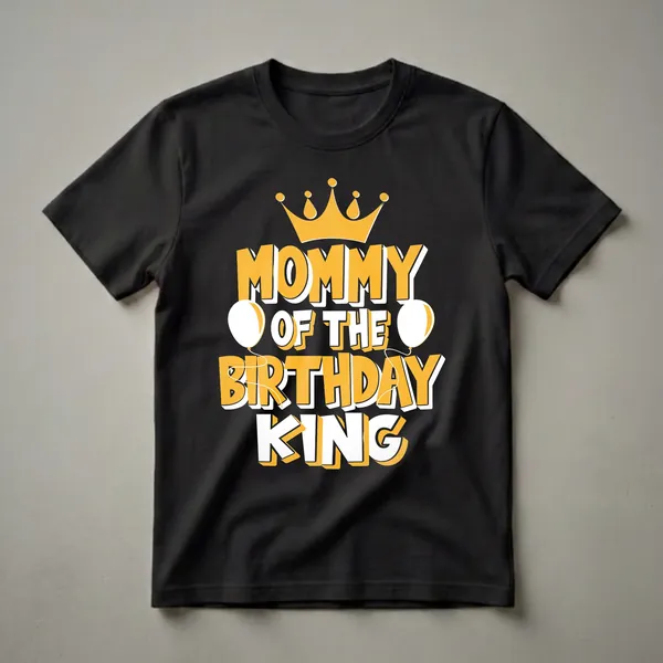 Black t-shirt with yellow and white text reading 'Mommy Of The Birthday King' with a yellow crown and two white balloons.