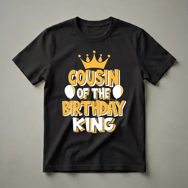 Black t-shirt with yellow and white text reading 'Cousin of the Birthday King' with a golden crown and white balloons.