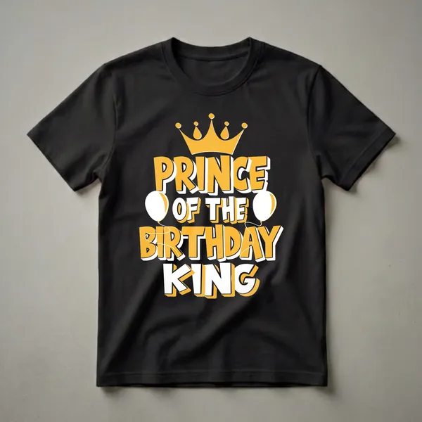 Black t-shirt with yellow and white text that reads 'PRINCE OF THE BIRTHDAY KING', featuring a golden crown above and two white balloons on either side.
