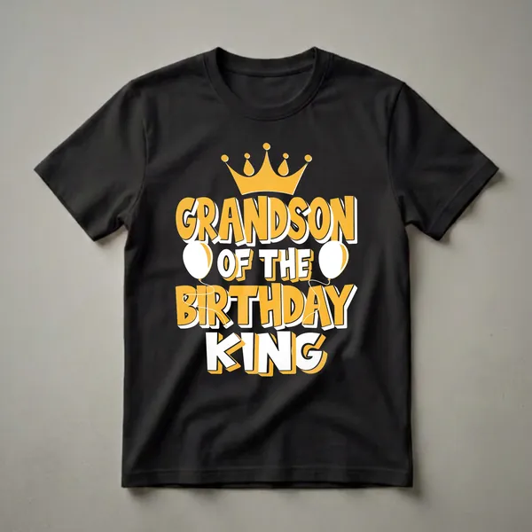 Black t-shirt with yellow, white, and dark yellow text that reads 'GRANDSON OF THE BIRTHDAY KING', featuring a golden crown and two white balloons.