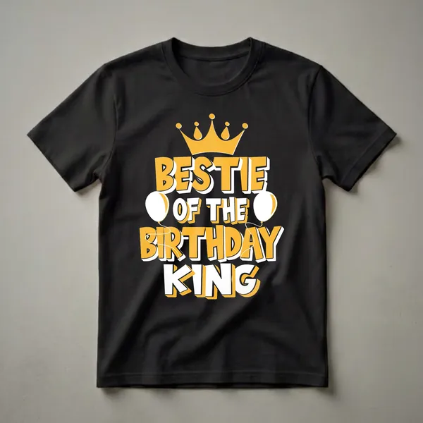 Black t-shirt with yellow and white text that reads 'BESTIE OF THE BIRTHDAY KING', topped with a yellow crown and flanked by white balloons.