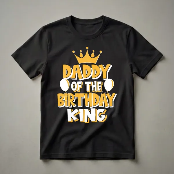 Black t-shirt with yellow and white text that reads 'Daddy Of The Birthday King', topped with a golden crown and flanked by two white balloons.