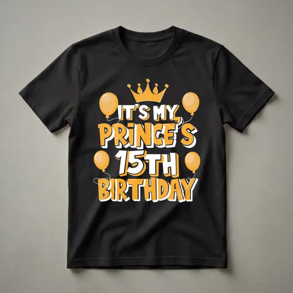 Black t-shirt with orange and white text reading 'IT'S MY PRINCE'S 15TH BIRTHDAY', a golden crown, and orange balloons.