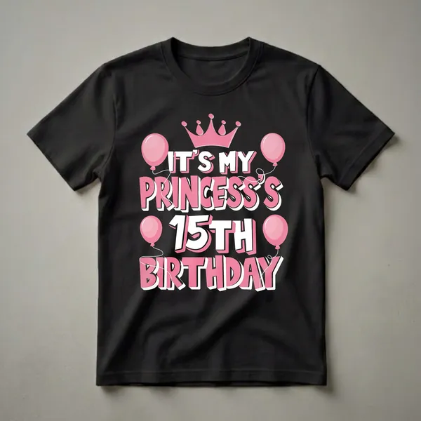 Black t-shirt with pink and white text that reads 'It's My Princess 15th Birthday', adorned with pink balloons and a pink crown.
