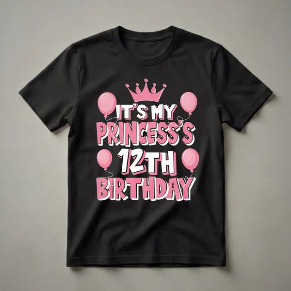 Princess 12th Birthday Girl Crown and Balloons Graphic Tee