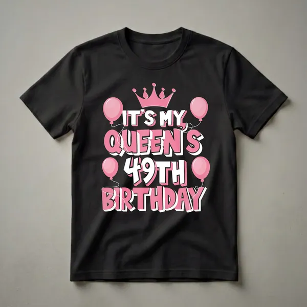Black t-shirt with pink and white text that reads 'IT'S MY QUEEN'S 49TH BIRTHDAY', a pink crown, and pink balloons.