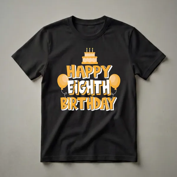 Black t-shirt with orange and white 'Happy Eighth Birthday' text, a birthday cake with candles, and two orange balloons.