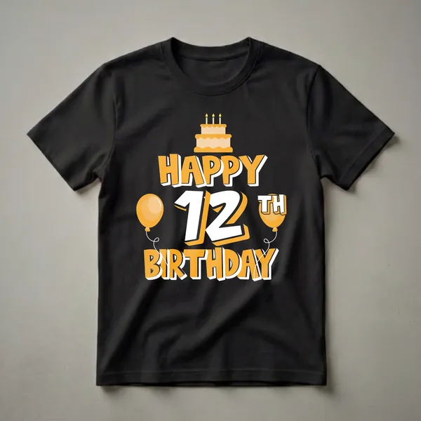 Black t-shirt with a 'Happy 12th Birthday' graphic in orange and white, featuring a cake with candles and two orange balloons.