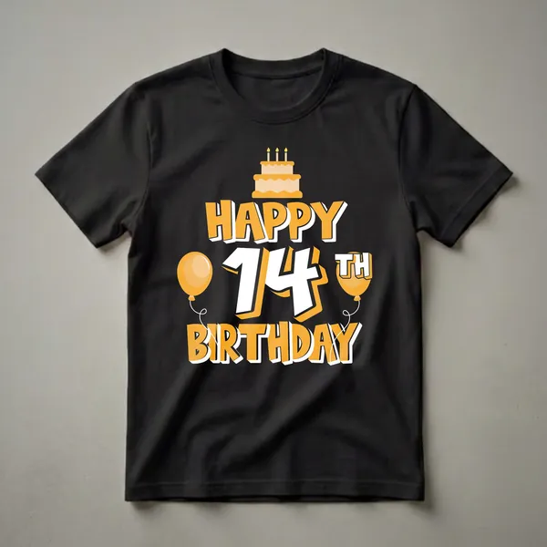 Black t-shirt with orange and white graphic text that reads 'Happy 14th Birthday', featuring a birthday cake with candles and two orange balloons.