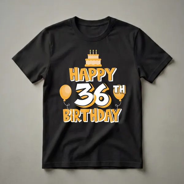 Black t-shirt with orange and white graphic that says 'Happy 36th Birthday' with a cake and balloons.