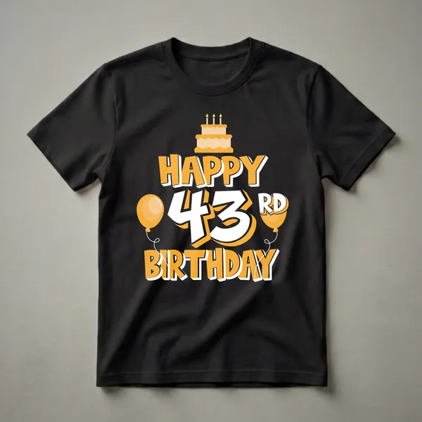 Black t-shirt featuring bold orange and white text that reads 'HAPPY 43RD BIRTHDAY' with a birthday cake and balloons.