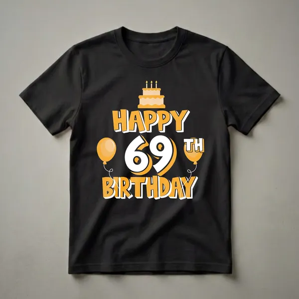 Black t-shirt with orange and white graphic that reads 'Happy 69th Birthday' featuring a cake with candles and two balloons.
