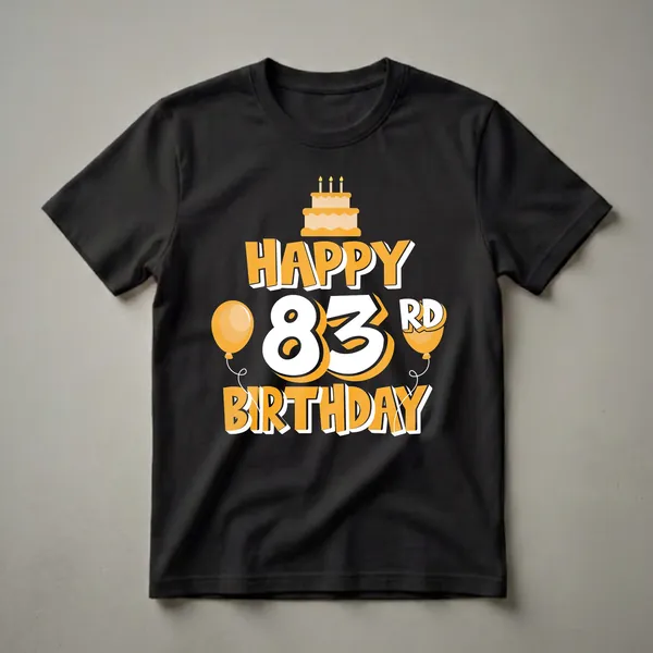 Black t-shirt with orange and white graphic text that reads 'Happy 83rd Birthday' with a cake and balloons.