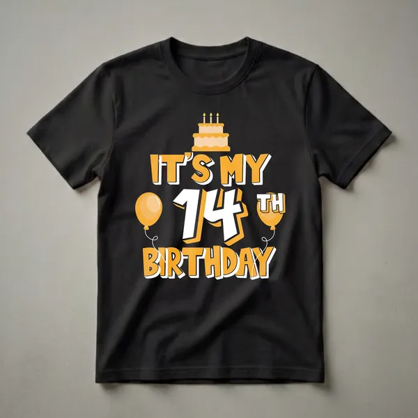 Black t-shirt with orange and white text that reads 'IT'S MY 14TH BIRTHDAY', featuring a birthday cake with candles and two balloons.