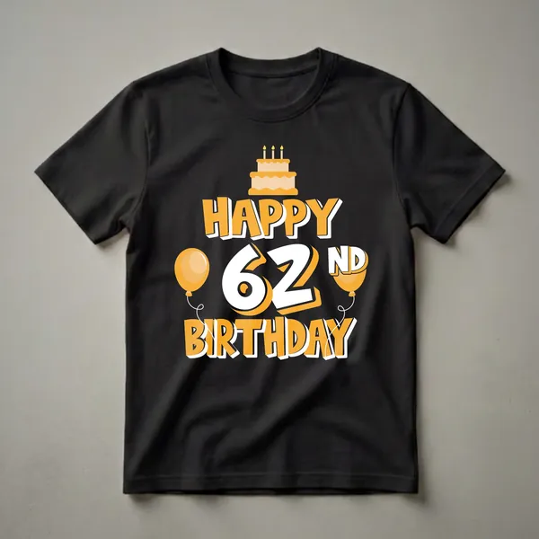 Black t-shirt with orange and white graphic text that reads 'HAPPY 62ND BIRTHDAY', featuring a birthday cake and balloons.