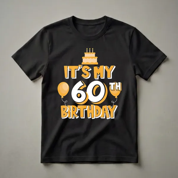 Black t-shirt with orange and white text that reads 'IT'S MY 60TH BIRTHDAY', featuring a birthday cake with candles and two balloons.