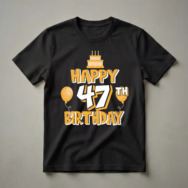 Black t-shirt with orange and white graphic text that reads 'Happy 47th Birthday', featuring a birthday cake and two balloons.