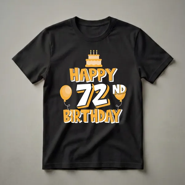 Black t-shirt with orange and white graphic that says 'Happy 72nd Birthday' with a cake and balloons.