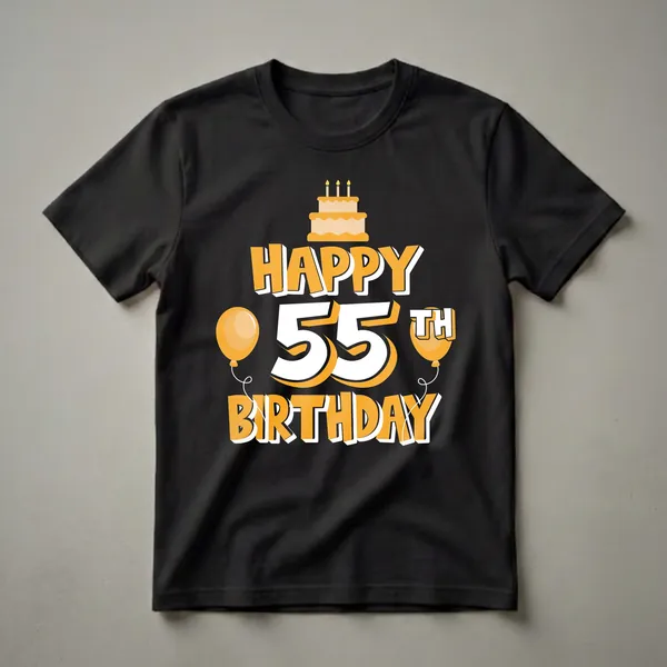 Black t-shirt with orange and white graphic that says 'Happy 55th Birthday' with a cake and balloons.