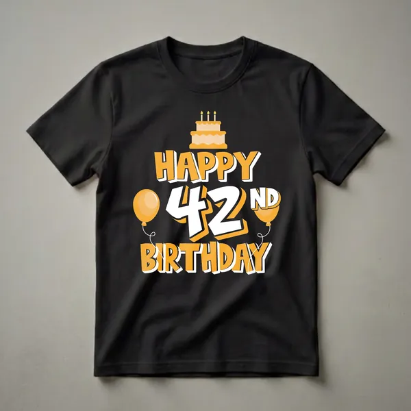 Black t-shirt with orange and white text that reads "Happy 42nd Birthday" accompanied by a cake and two balloons.