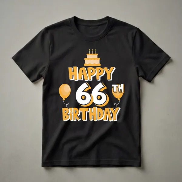 Black t-shirt with orange and white graphic text that reads 'Happy 66th Birthday' with a cake and balloons.