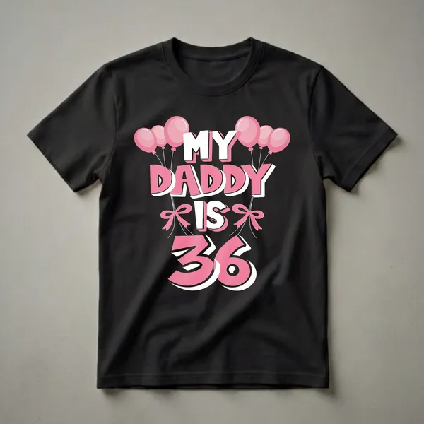 Black t-shirt with pink and white text that reads "MY DADDY IS 36" surrounded by pink balloons and pink bows.