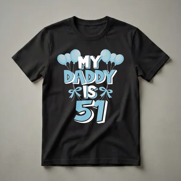 Black t-shirt with the text "MY DADDY IS 51" in large light blue and white letters, adorned with light blue balloons and bows.