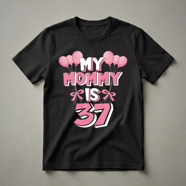 Black t-shirt with the text 'MY MOMMY IS 37' in pink and white, adorned with pink balloons and bows.