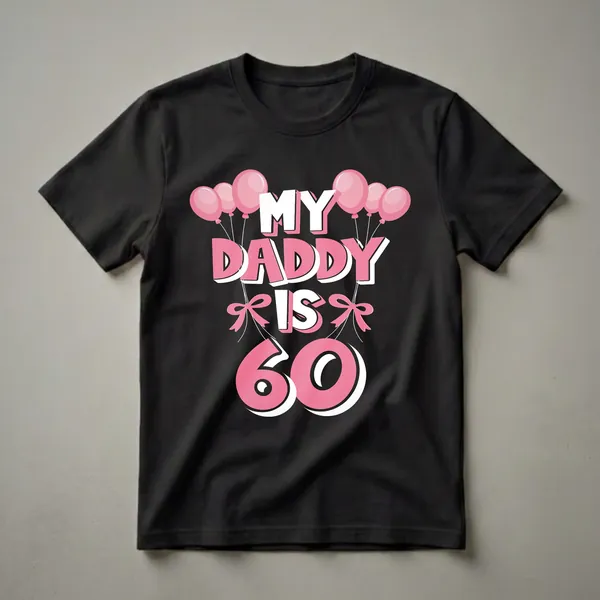 Black t-shirt with white and pink text that reads 'MY DADDY IS 60' surrounded by pink balloons and pink bows.