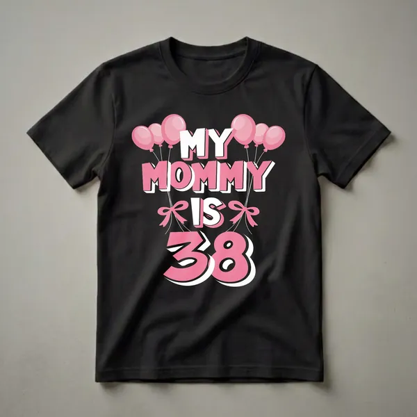 Black t-shirt with pink and white text that reads "MY MOMMY IS 38" surrounded by pink balloons and pink bows, celebrating a 38th birthday.