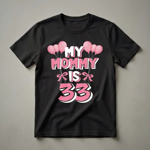 Black t-shirt with pink and white text that reads 'MY MOMMY IS 33' surrounded by pink balloons and pink bows.