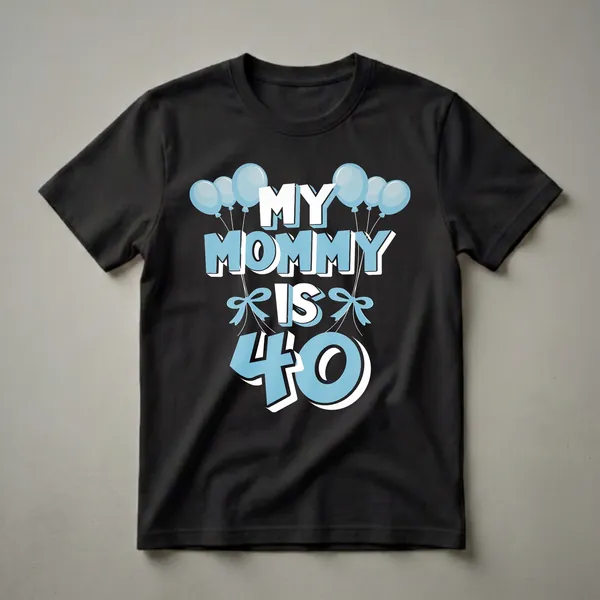 Black t-shirt with blue and white text that reads "MY MOMMY IS 40" surrounded by blue balloons and light blue bows.