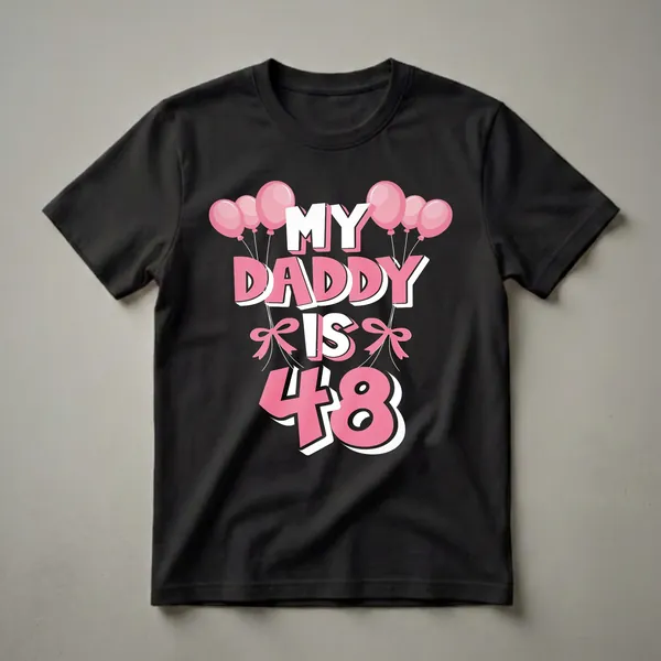 Black t-shirt with pink and white text that reads 'MY DADDY IS 48', adorned with pink balloons and pink bows.