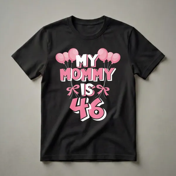 A black t-shirt graphic with the text 'MY MOMMY IS 46' in pink and white, adorned with pink balloons and bows.