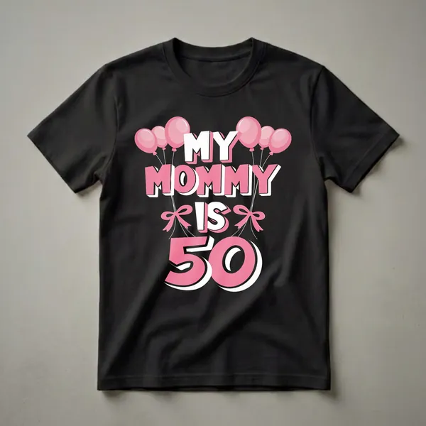 A black t-shirt graphic with pink and white text that reads 'MY MOMMY IS 50', adorned with pink balloons and pink bows.
