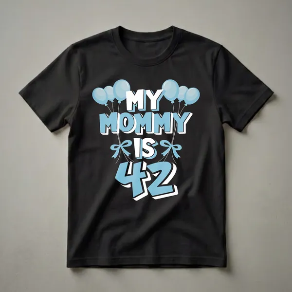 Black t-shirt with blue and white text that reads 'MY MOMMY IS 42', adorned with blue balloons and bows.