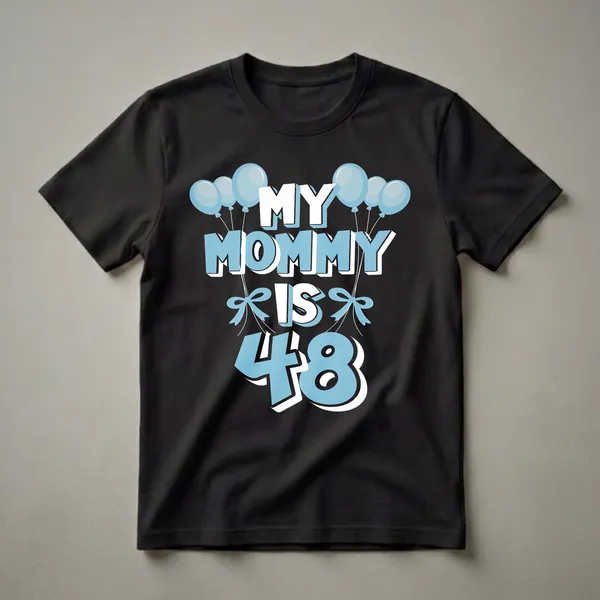 Light blue and white graphic t-shirt with the text 'MY MOMMY IS 48' and light blue balloons and bows, celebrating a 48th birthday.