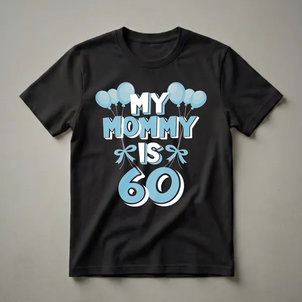 Black t-shirt with light blue and white text that reads 'MY MOMMY IS 60' surrounded by light blue balloons and bows.