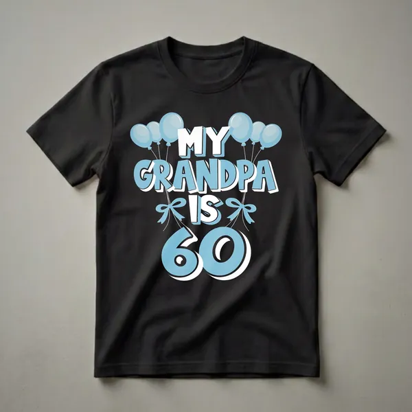 Black t-shirt with light blue and white text that reads 'MY GRANDPA IS 60' surrounded by light blue balloons and bows.