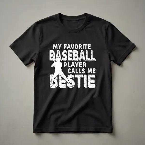 White distressed text that reads 'My Favorite Baseball Player Calls Me Bestie' with a silhouette of a baseball player batting, on a black t-shirt.