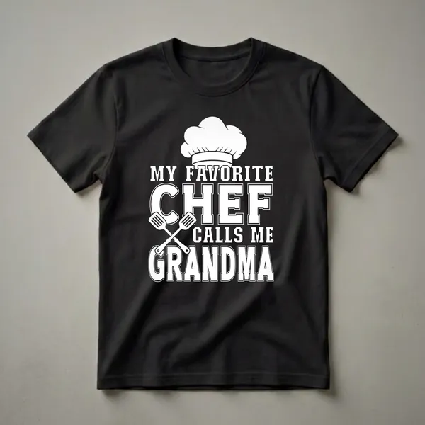 Black t-shirt with white graphic text that reads 'MY FAVORITE CHEF CALLS ME GRANDMA' and includes a chef's hat and crossed spatulas.
