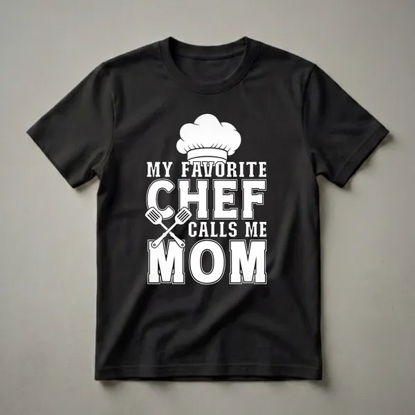 White graphic t-shirt with black background featuring the text 'My Favorite Chef Calls Me Mom' and a chef's hat with crossed spatulas.
