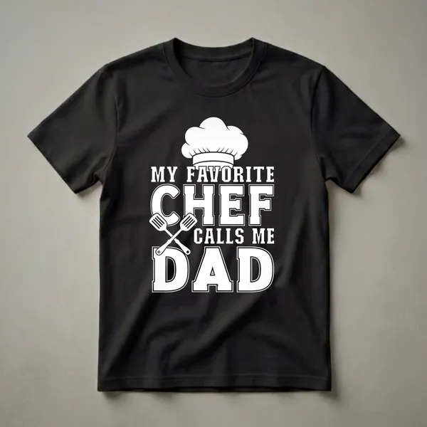 Black t-shirt with white graphic text that reads 'My Favorite Chef Calls Me Dad' and features a chef's hat and crossed spatulas.