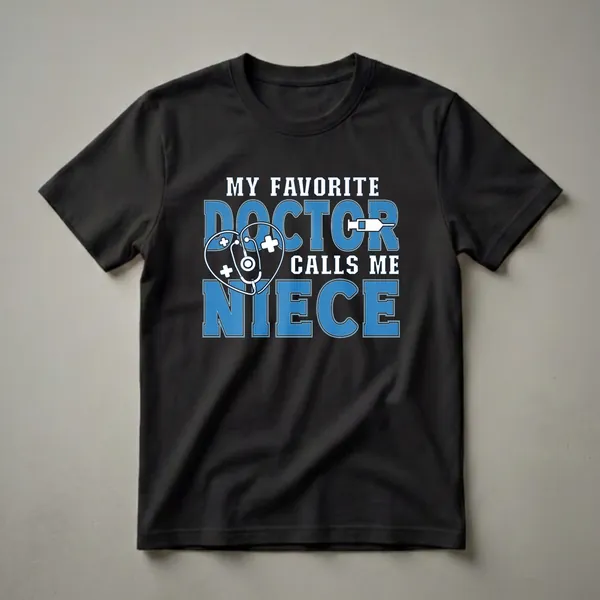 Black t-shirt with blue and white text that reads 'MY FAVORITE DOCTOR CALLS ME NIECE', featuring a stethoscope heart and a syringe graphic.