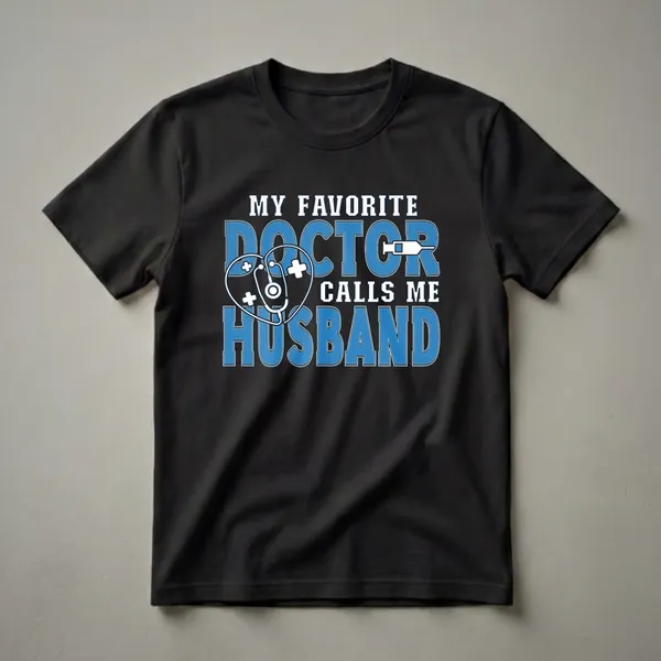 Black t-shirt with blue and white text that reads "MY FAVORITE DOCTOR CALLS ME HUSBAND" with a stethoscope and syringe graphic.