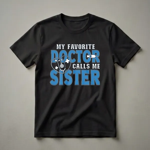 Black t-shirt with bold blue and white text that reads "MY FAVORITE DOCTOR CALLS ME SISTER," featuring a stethoscope forming a heart and a syringe.