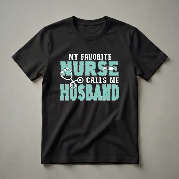 Black t-shirt with white and teal text that reads 'MY FAVORITE NURSE CALLS ME HUSBAND,' featuring a stethoscope and syringe graphic.