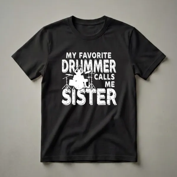 White distressed text that reads 'My Favorite Drummer Calls Me Sister' with a silhouette of a drummer playing a drum set on a black t-shirt.