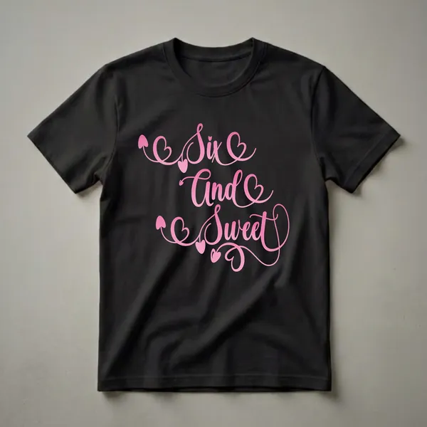 A black t-shirt featuring the phrase 'Six And Sweet' in a gradient pink script font, decorated with small pink hearts and decorative swirls.